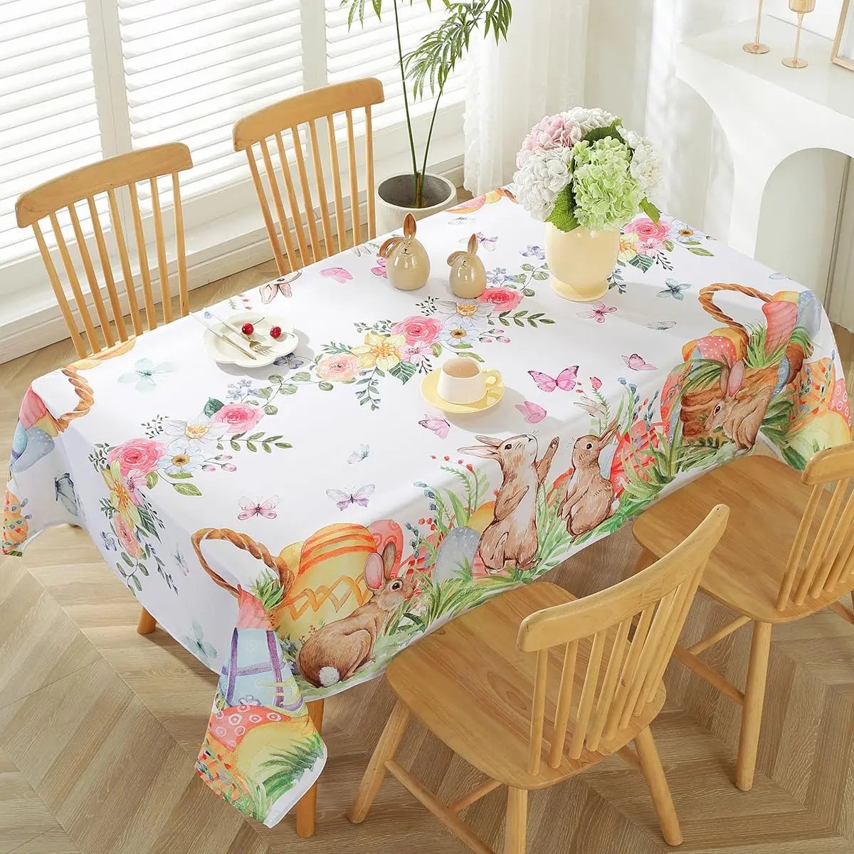 Easter Bunny Eggs Floral Butterfly Waterproof Tablecloths Holiday Party Decor Spring Flowers Plant Table Cover Easter Decoration