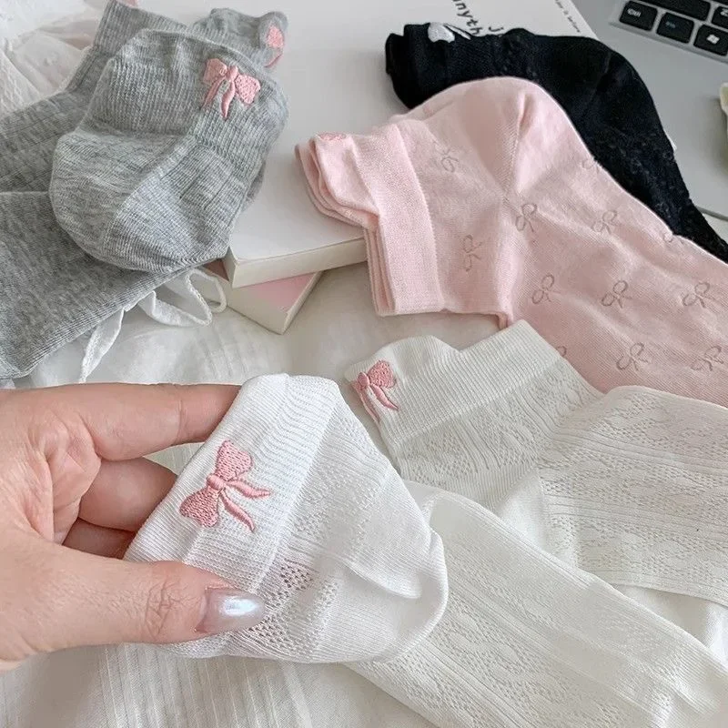 Summer Embroidery Bow Knot Short Socks Harajuku Cute Lolita Casual Funny Ankle Socks Spring Summer Breathable Female Tube Sock