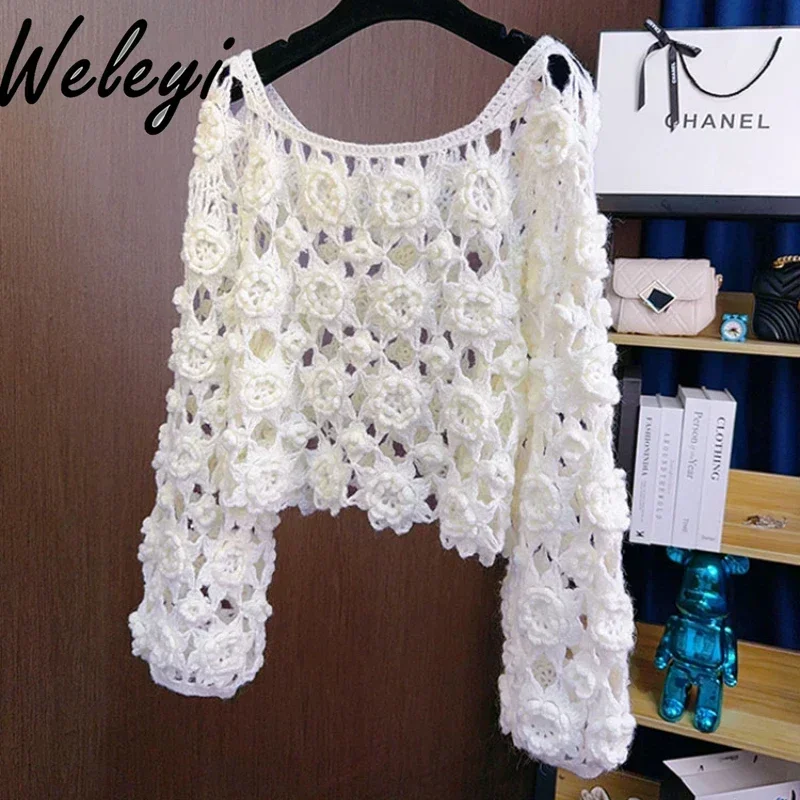 

Sweet Link Hollow Crochet Rose Flower Short Sweater Female 2024 Early Autumn New Gentle Women's Handmade Wool Knitted Top Ladies