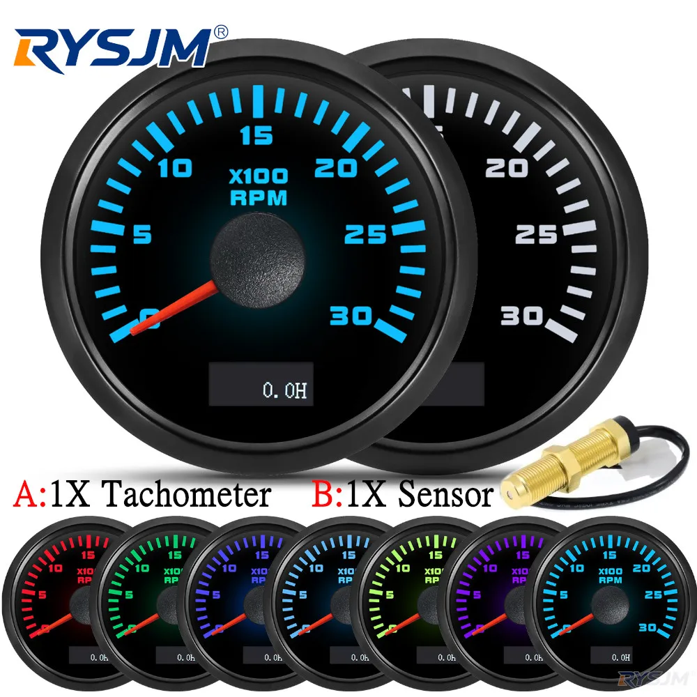 3000/4000/6000/7000/8000 RPM 52mm Tachometer Tacho Gauge Meter With 7 Color Backlight RPM Sensor for Gasoline Diesel Car Boat