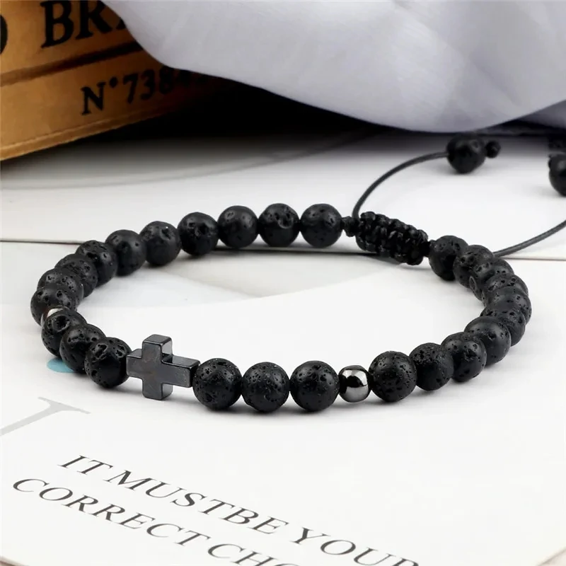 الحجر الطبيعي الخرز مضفر سوار للرجال والنساء ، Charm المسيحية ، يسوع الإسورة ، الإسورة ، الصداقة المجوهرات ، الإسورة ، الصليب ، 6 مللي متر