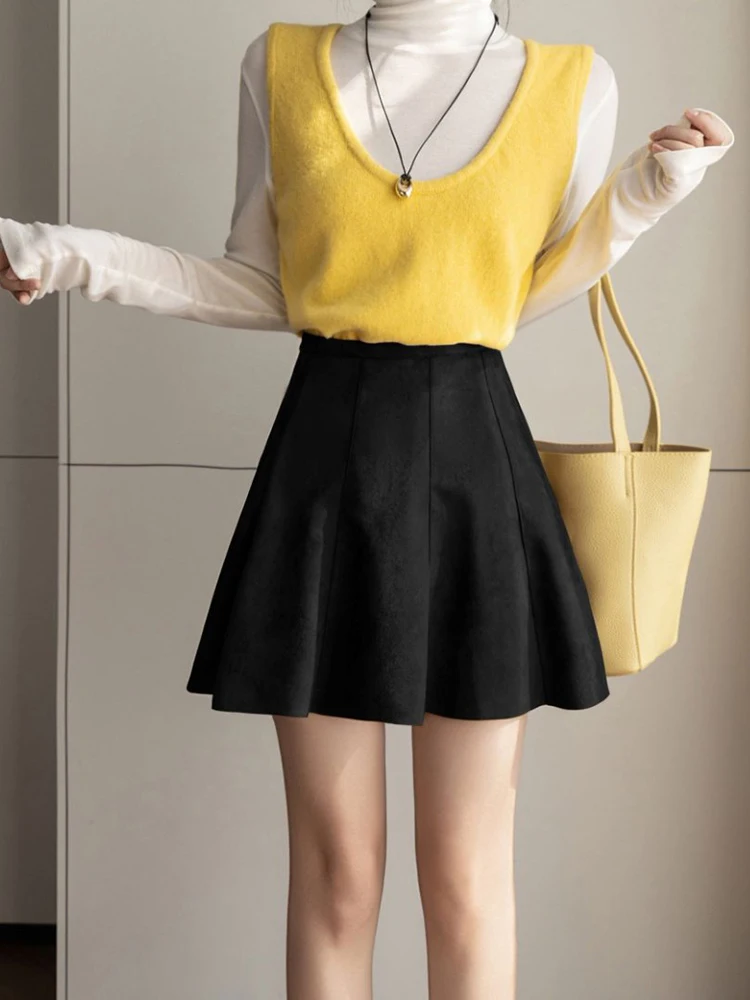 الأمريكية الرجعية الخريف الشتاء الجلد المدبوغ مطوي تنورة امرأة عالية الخصر الكاكي عادية الحلو متزلج التنانير القصيرة سيدة