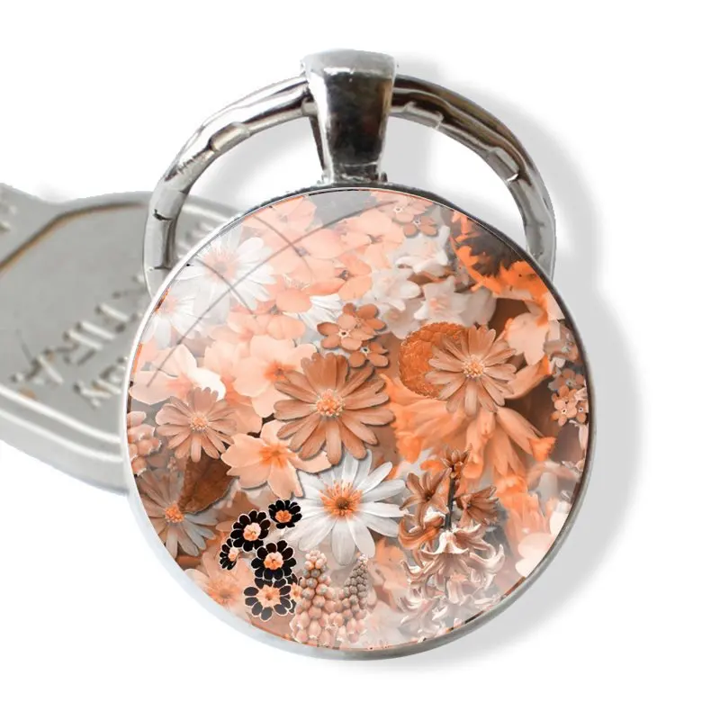 beautiful girly floral flowers aesthetic Glass Metal Pendant Key Chain Classic Men Women Key Ring Accessories Jewelry Gifts