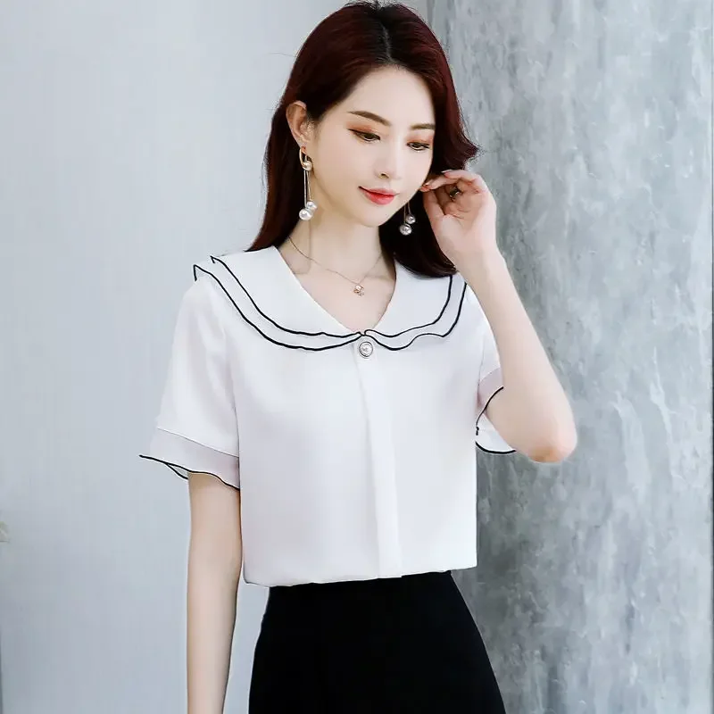 Summer New Chiffon All-match Thin Blouse Short Sleeve Solid Color Patchwork Office Shirt Tops Elegant Fashion Women Clothing B83