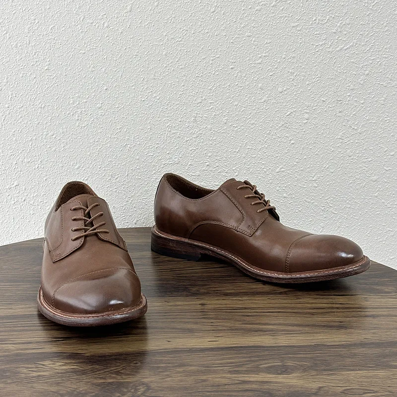 Men Retro Cow Leather Derby Shoes Lace‑up Low-top Comfort Dress Shoes for Daily Work Office Casual Occasions Wedding Shoes