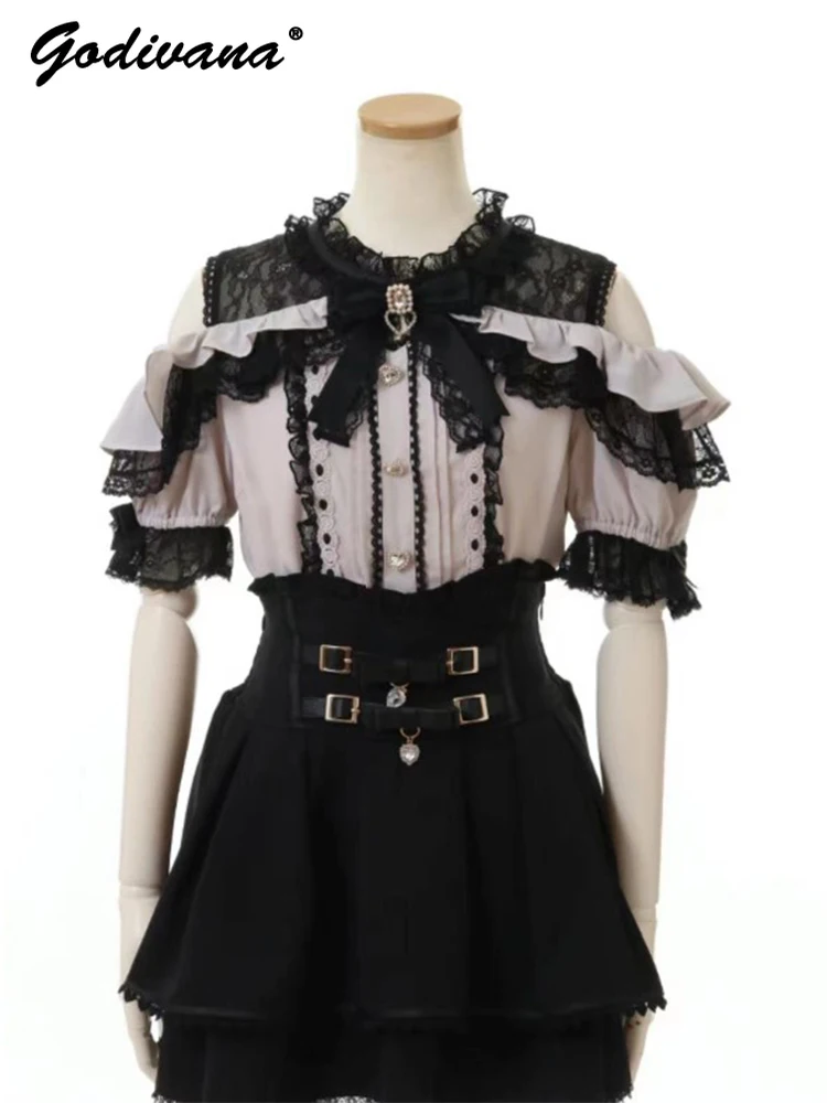 Japanese Mine Mass-Produced Sweet Girls Short Sleeve Blouse Tops Summer Rhinestone Bow Lolita Liz Womens Lace Off-Shoulder Shirt