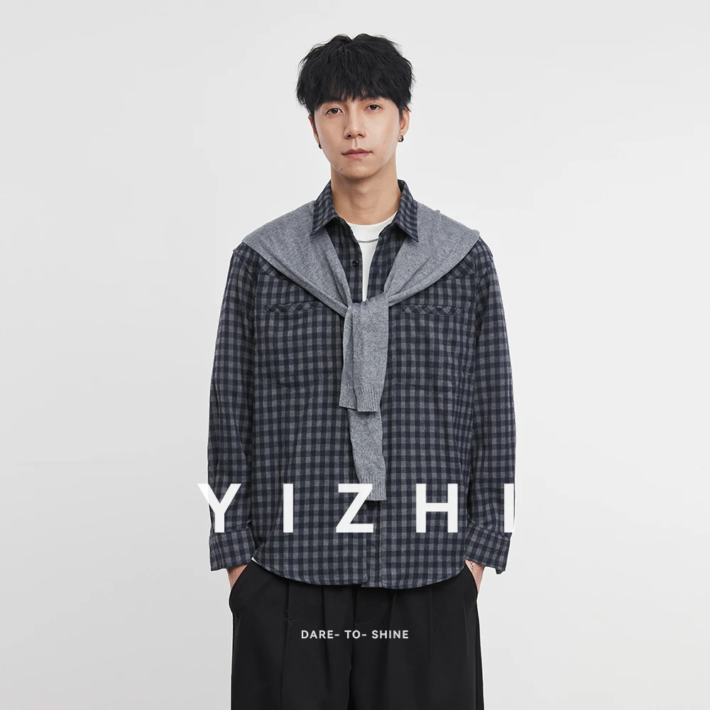 

Fashion Men's Casual Button Front Plaid Shirt 2025 Autumn Winter New Contrast Knitted Scarf Layered Look Soft Long Sleeve Top