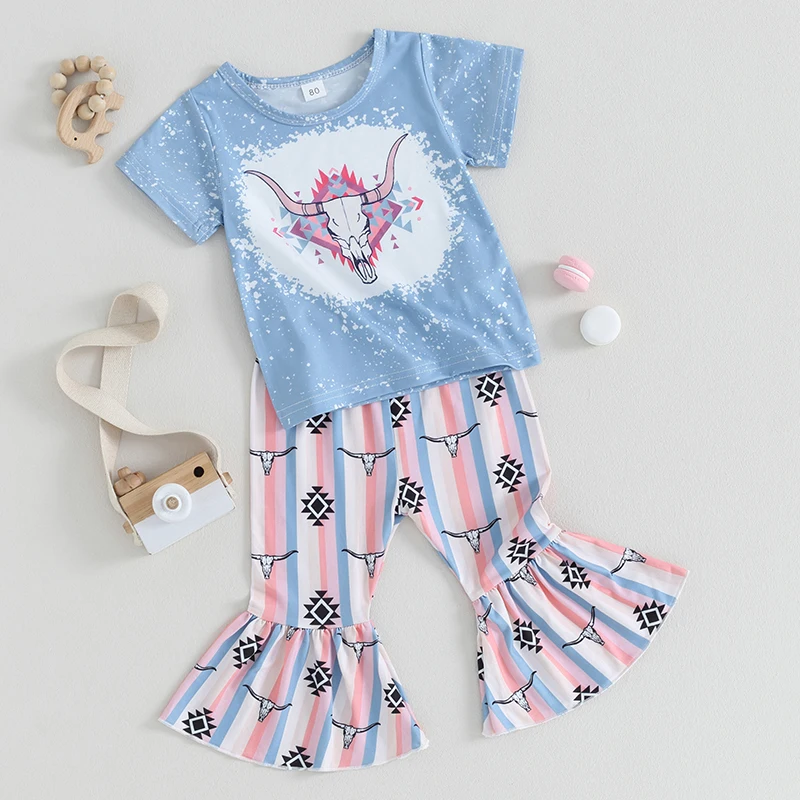 Western Toddler Baby Girl Summer Clothes Short Sleeve Cow Head Print T-Shirt Top Striped Flare Pants Set Boho Bell Bottom