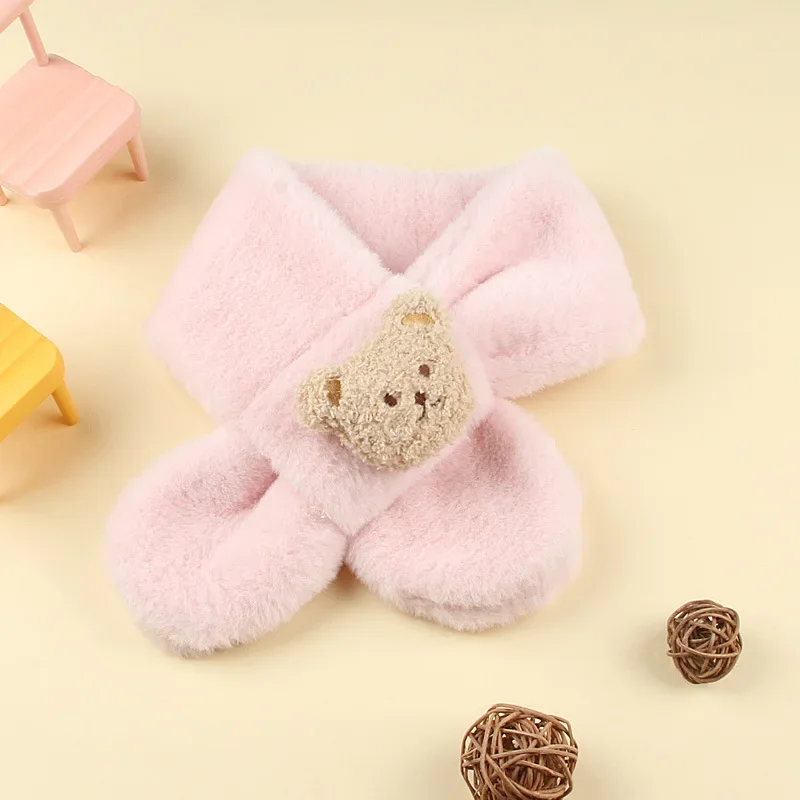 Winter Warm Plush Baby Scarf Cute Caroon Bears Boy Girl Scarves Newborn Toddler Faux Fur Children Cross Neckerchief  Baby Shawls