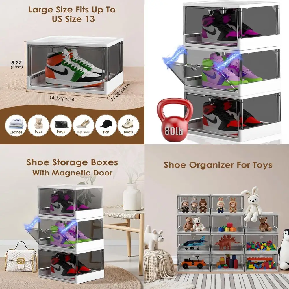 

Stackable Clear Shoe Storage Boxes - 3 Pack, Magnetic Closure, Dust & Moisture Resistant, Fits US Size 13