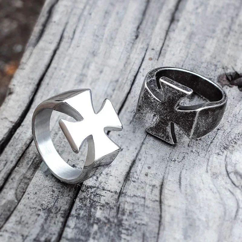 Vintage Knights Templar Iron Rings Stainless Steel Cross Ring for Men Boy Retro Punk Cool Male Jewelry