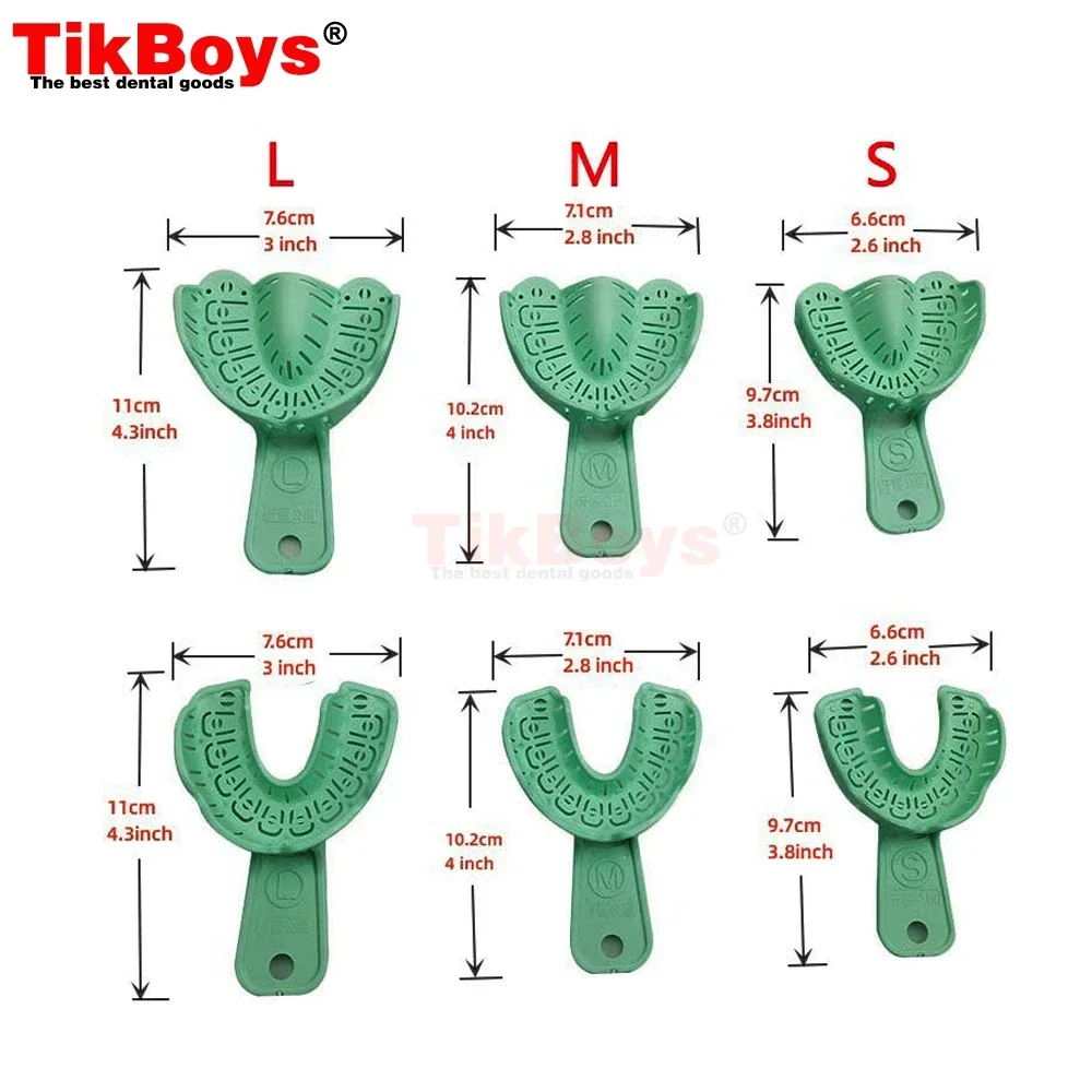 Bandeja de implante dentário verde, 3 pares, boca completa, molde parcial removível, bandeja s/m/l, fácil de dobrar, defletor de plástico, material de ferramenta para dentista