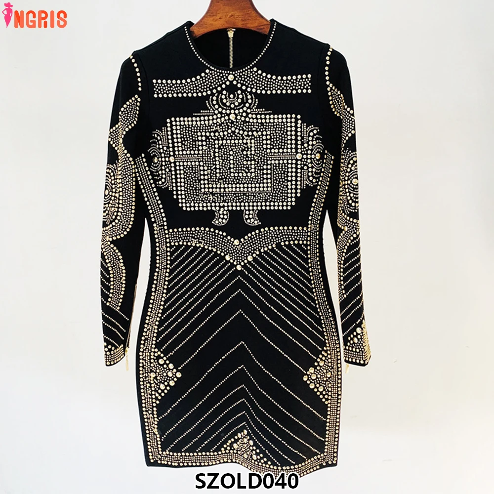 

Commercial Street Latest 2025 Fashion Trends Women's Long Sleeve Luxury Metallic Beaded Stretch Dress-SZOLD040
