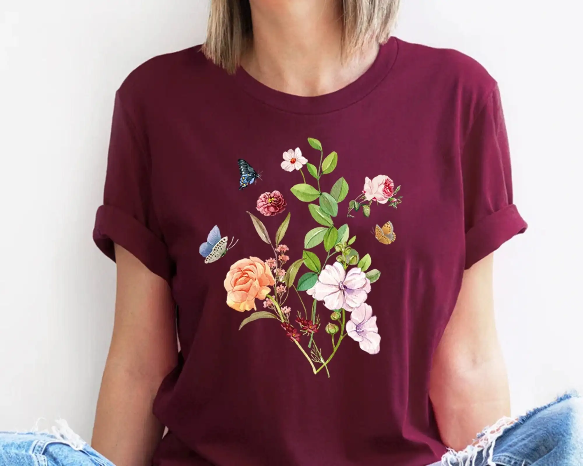 Vintage Style Wildflowers T Shirt for Women Wild Flower Bouquet Hiking Outdoor Camping Botanical Oversized