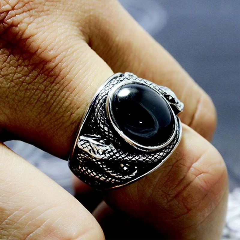 Punk Black Gem Stone Ring For Men Vintage Jewelry Ancient Silver Color Cross Snake Carved Metal Oval Zircon Finger Ring Gift