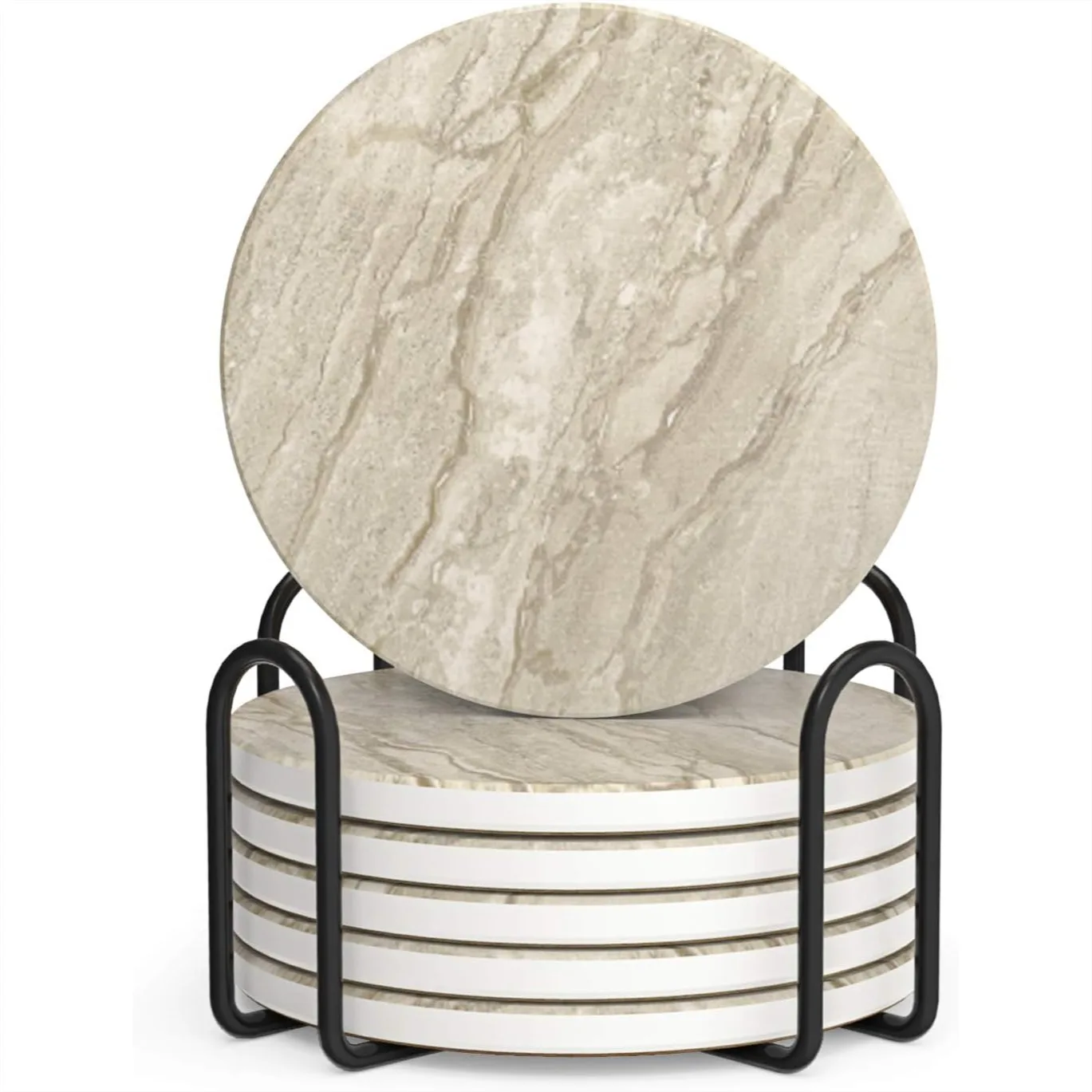 Absorbent Coasters for Drinks, Set of 6 with Holder, 4 Inch Sandstone Style for Coffee Table