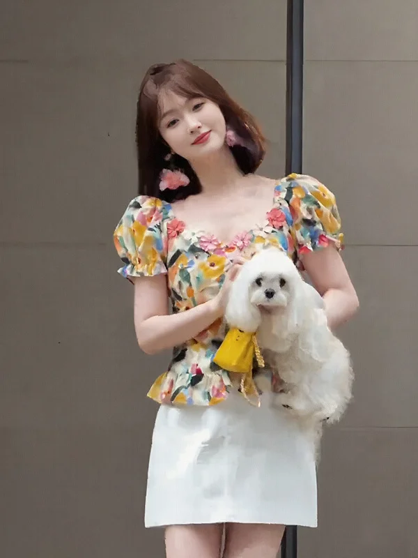 

Pure Desire Wave Bubble Sleeve Floral Print Shirt Women's Summer New Design Elegant Beautiful Small Top Korean Style Slim Fit