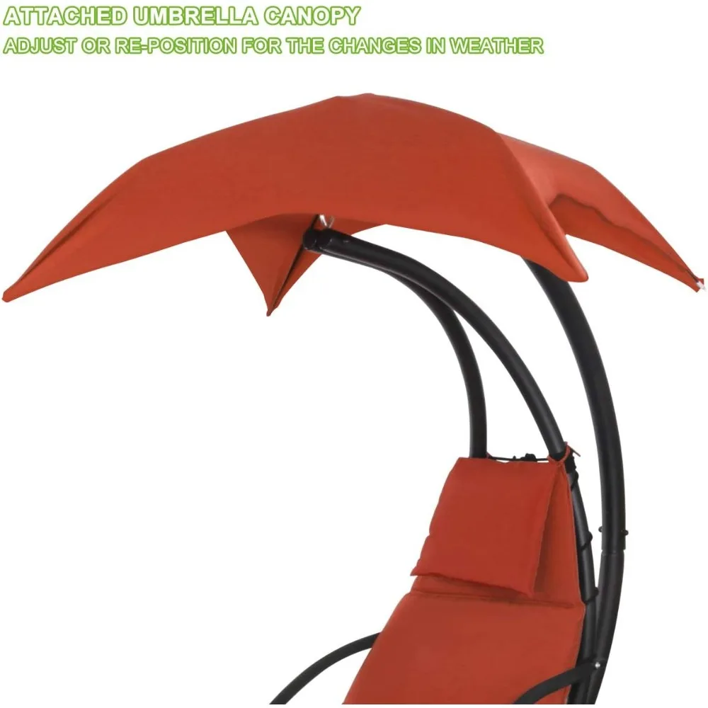 كرسي أرجوحة خارجي برتقالي مع كرسي مبطن، وأرجوحة معلقة، وحامل مظلة من الشمس
