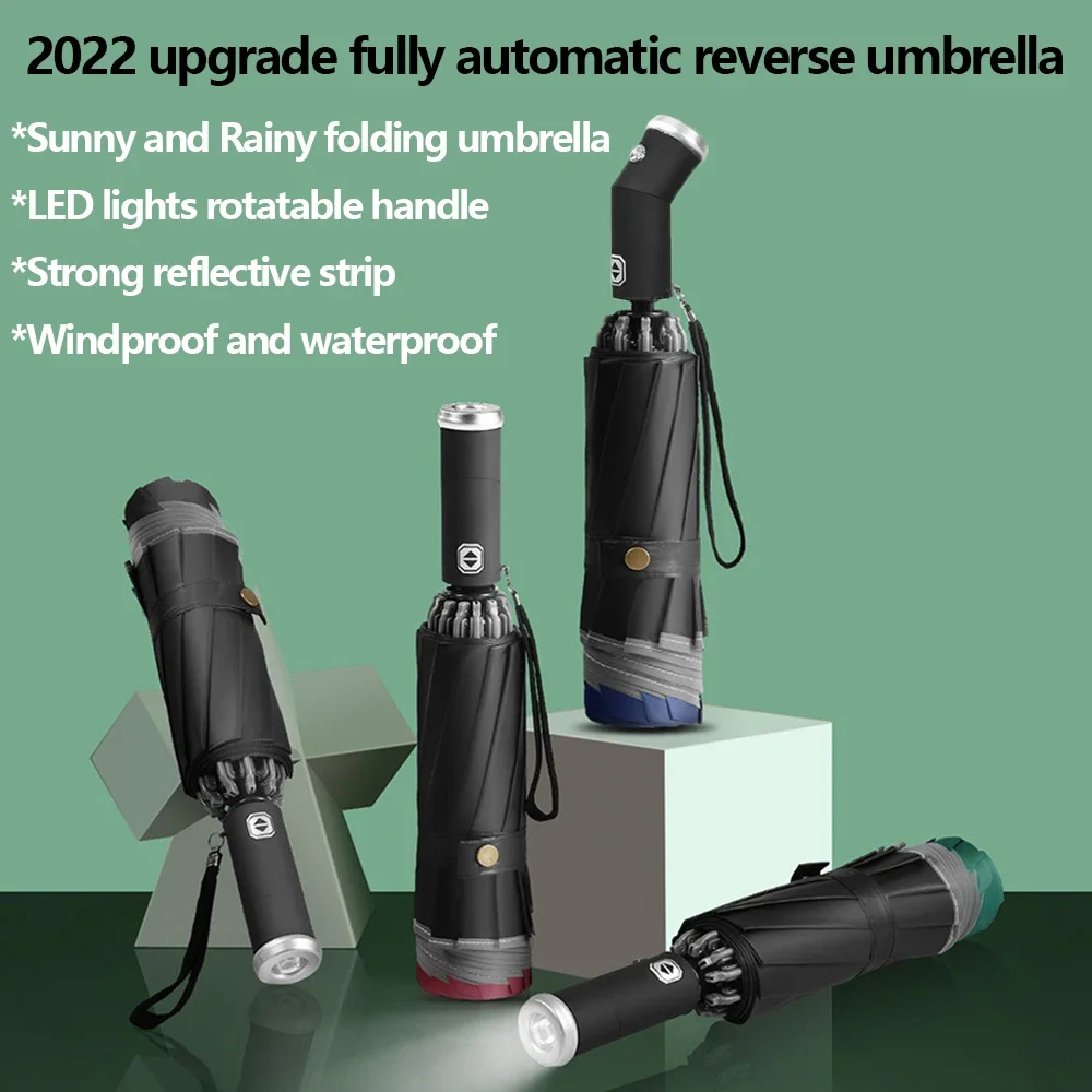 Fully Automatic Reverse Umbrella With LED Light 10 Ribs Windproof Strong Reflective Stripe UV Folding Umbrella For Women and Men