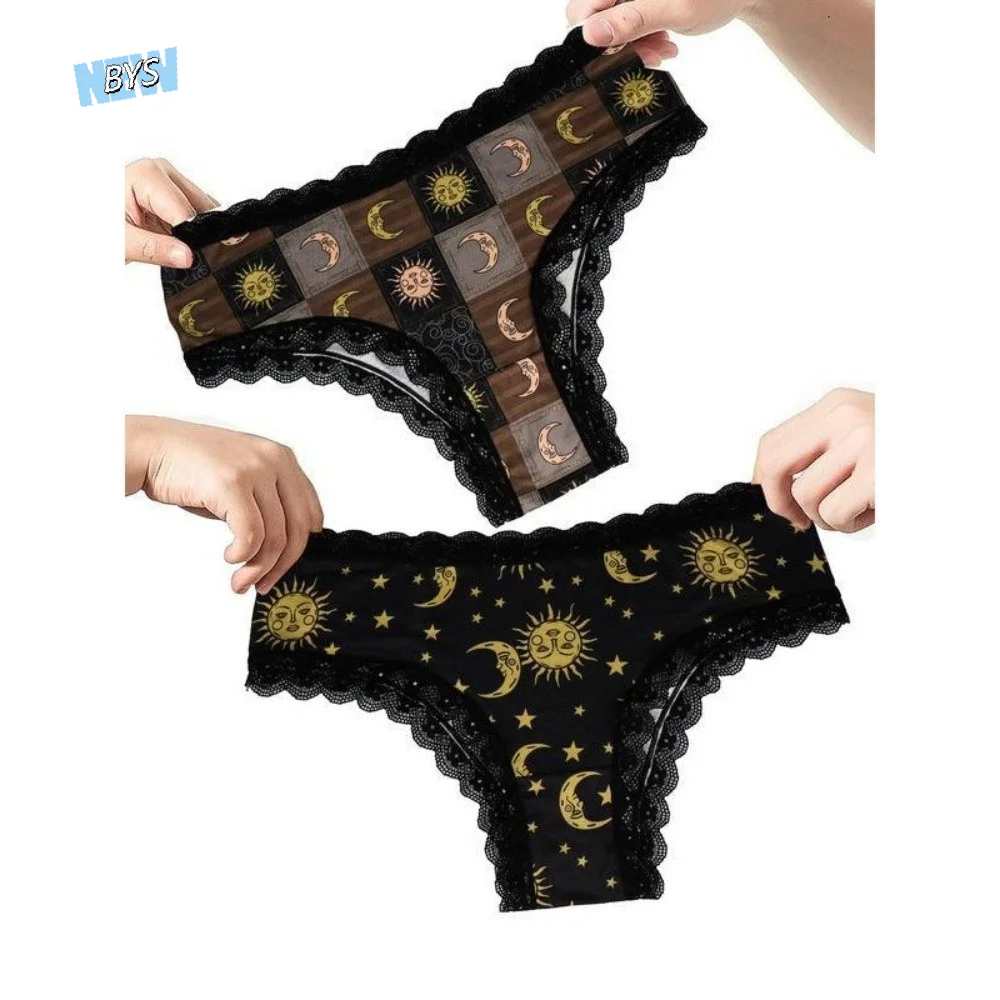 

Grid Low Waist Lace Edge Underwear Sun Moon Thin Seamless Briefs Women Lingerie Underpants Women's Panties Girl