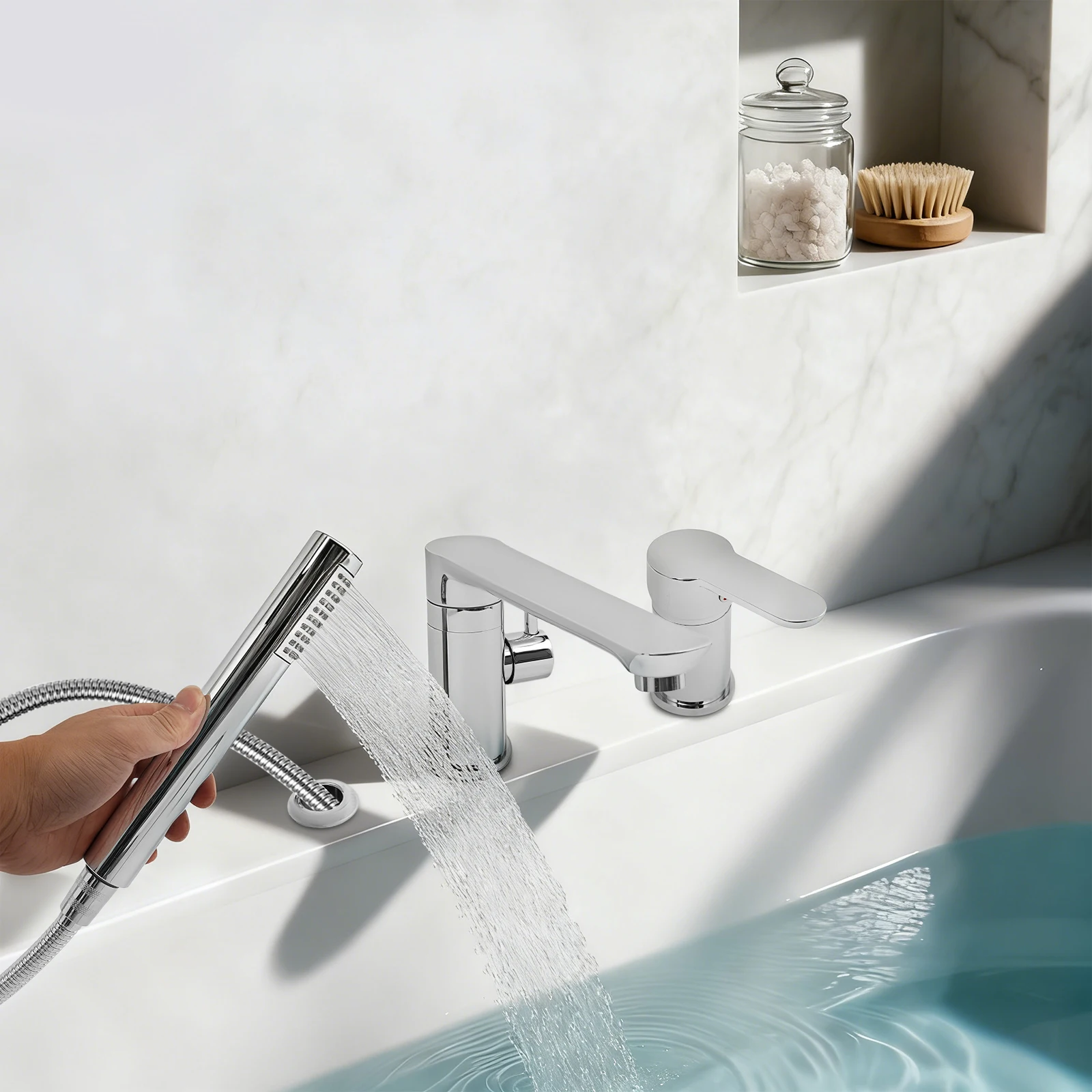 Robinet mélangeur moderne argenté pour bain froid et chaud avec douchette extractible de 60-80 cm pour hôtels et centres de bain