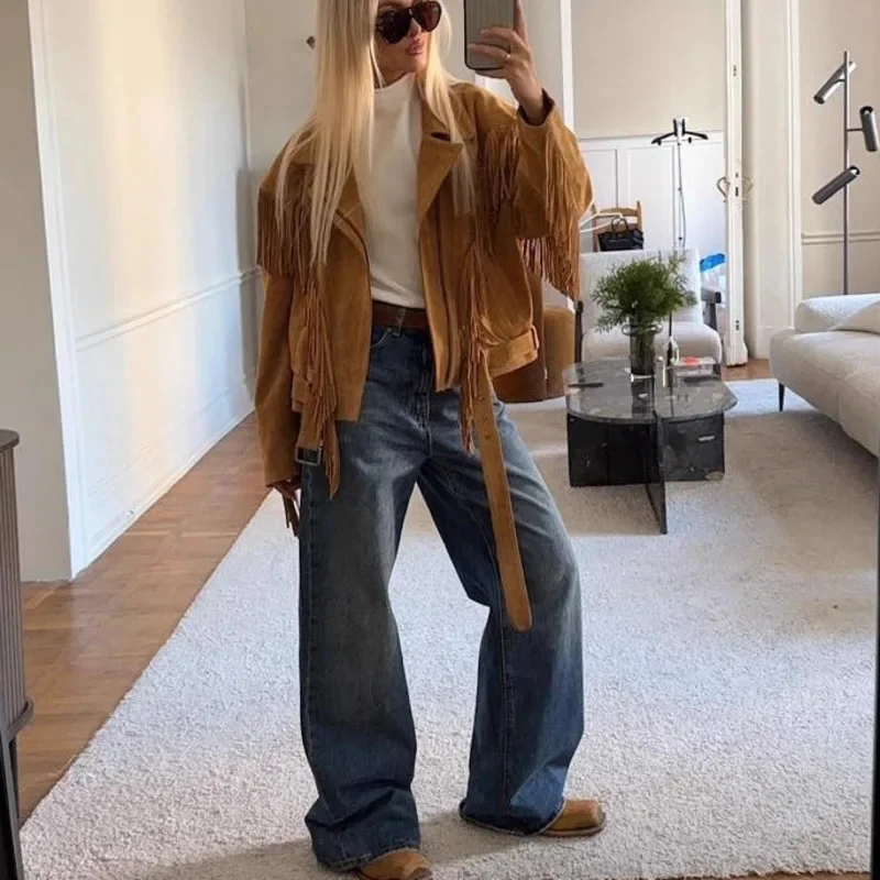 

Коричневая куртка с кисточками, французская искусственная кожа, кожаная куртка с двумя пуговицами, женское короткое пальто, свободная куртка с длинным рукавом и воротником, новинка