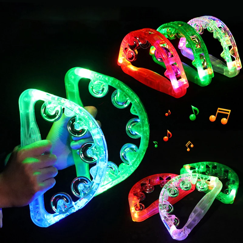 Bright LED Light Up Sensory Toy Flashing Tambourine Musical Instrument Shaking Party Atmosphere Child Toys Random Color