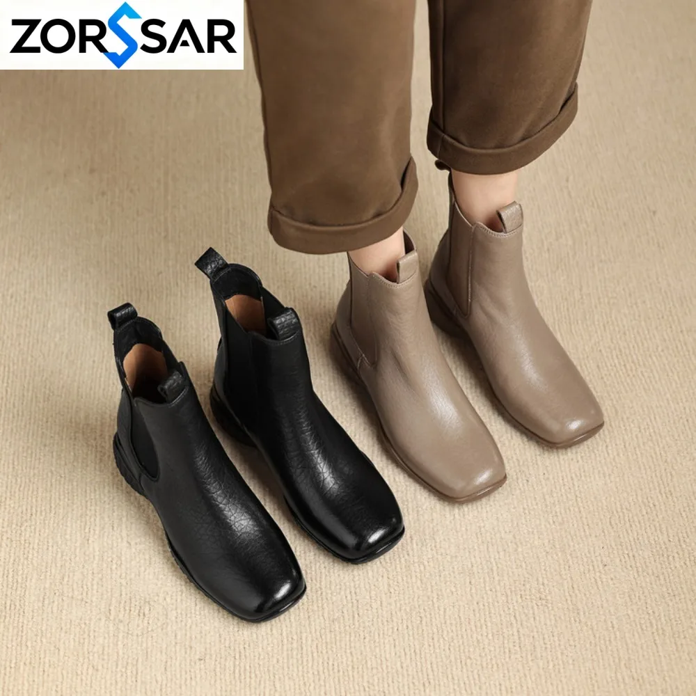 Fall/Winter Genuine Leather Ankle Boots Women Warm Non-Slip Shoes Flat Boots Fashion Rear Zipper Design Round Toe Flat Sneakers