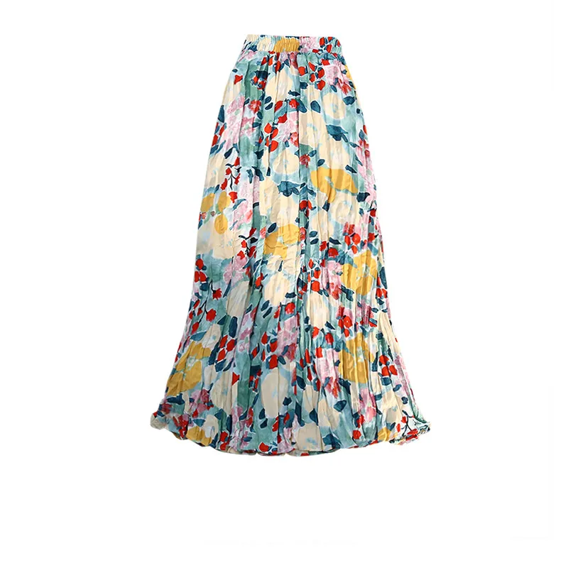 

Print Woman Skirts Elegant Elastic High Waist 2024 Summer Loose Korean Fashion Clothing Casual Vintage Midiskirt Mujer