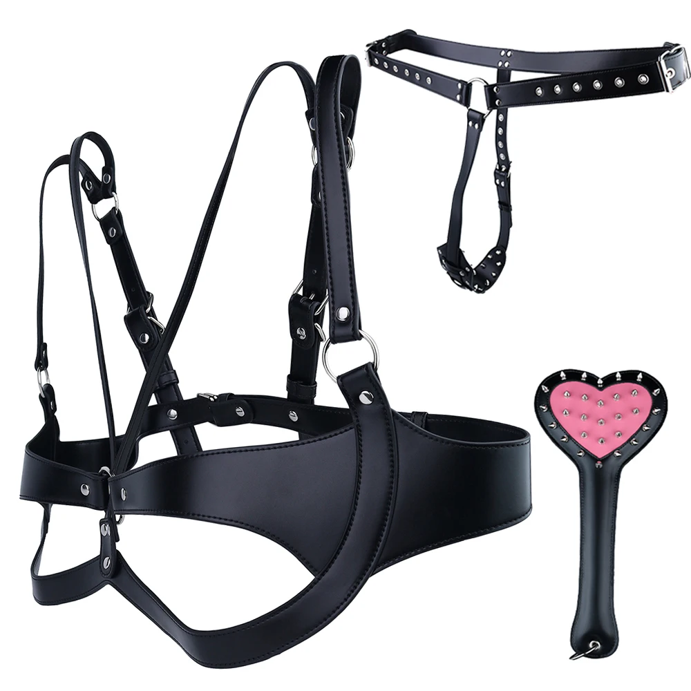 LEZEE Sexual Breast Bondage Belt Rivet Thong Adult Game Briefs Sex Belts Restraint Harness Leather Strap Set Sex Toys For Couple
