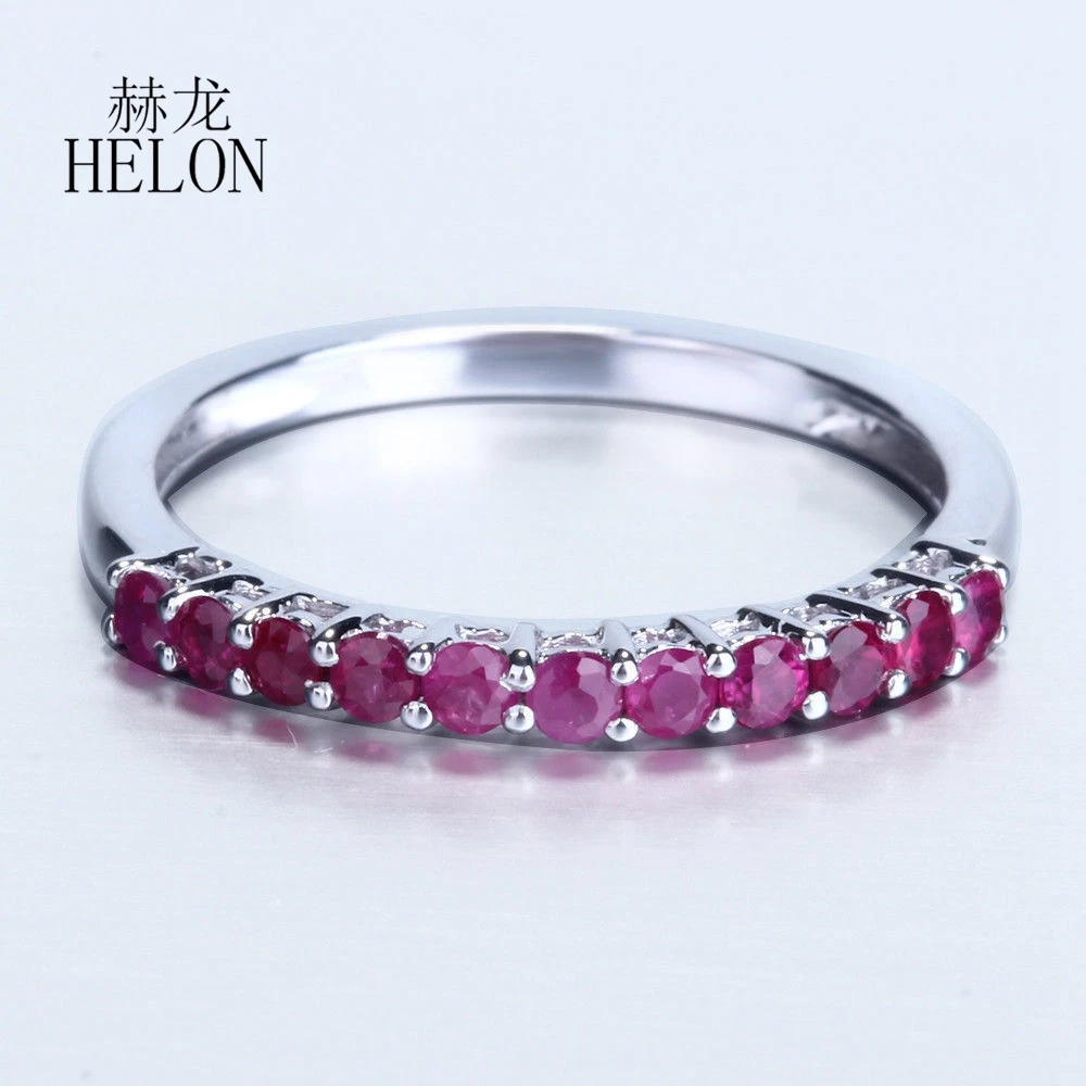 HELON Solid 14k White Gold Ring Round 0.4ct Genuine Ruby Half Eternal Gemstone Ring Brilliant Fine Jewelry Anniversary Gifts