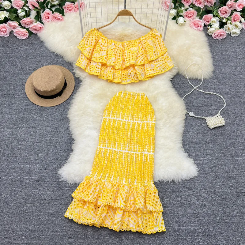 Brand Runway Summer Embroidery Cotton Two Piece Set Women Skirts Suits Ruffle Sexy Cropped Top Fishtail Midi Skirts 2pcs Outfits