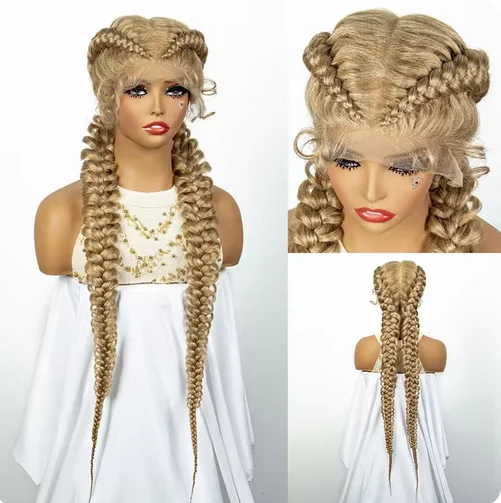 27/613 Colored Blonde Synthetic Lace Frontal Dutch Box Braided Wigs for Black Women Fishtail Braids Wigs with Baby Hair