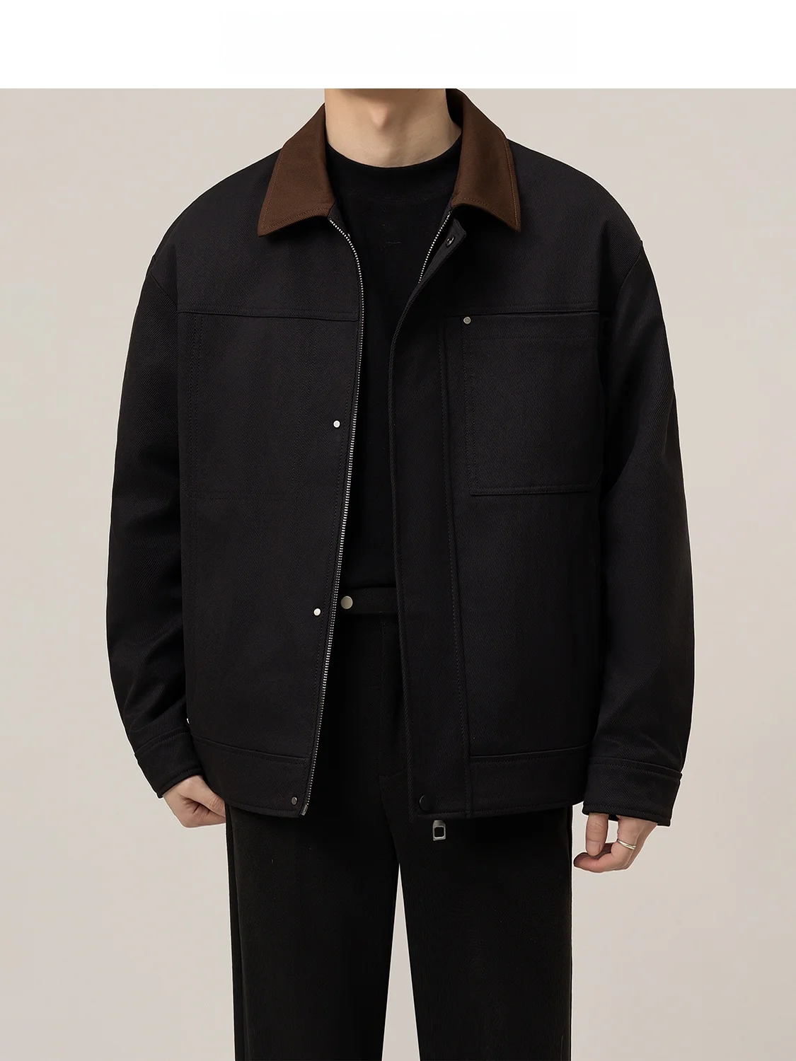 Spring New Loose Casual Contrast Color Collar Men's Jacket Business Leisure Workwear Standard Fit Polyester Fiber Long Sleeve...