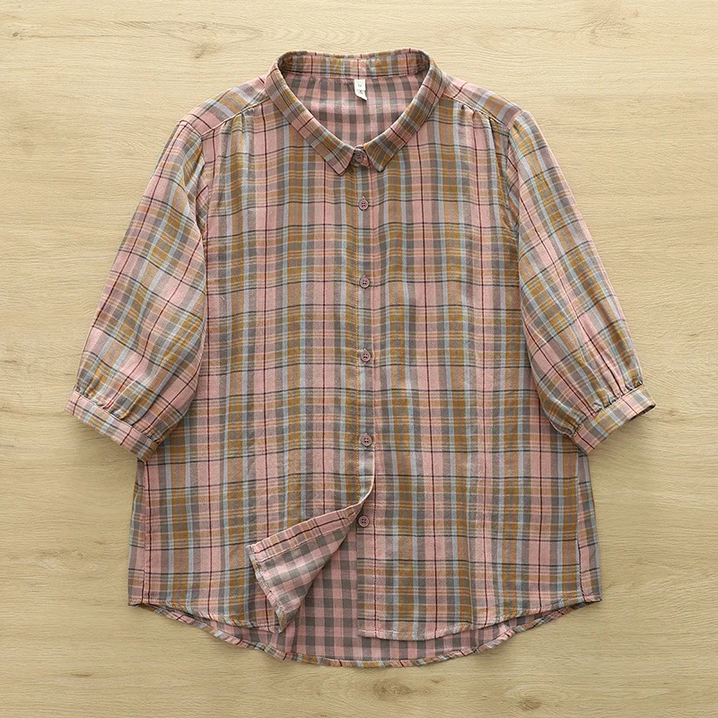 ใหม่2025ฤดูร้อนผ้าฝ้ายแขนสั้นเสื้อผู้หญิงTurn-Down Collarลายสก๊อตพิมพ์, Moriสาวสบายๆเสื้อหลวมวินเทจt54837CC