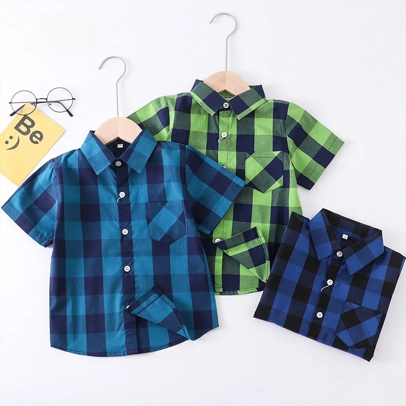 

Boys Short Sleeve Shirt Casual Cotton Plaid Blouse for Kids School Daily Clothes Summer Thin Coat Youth Children Tops 3-13 Years