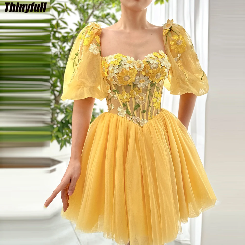 

Thinyfull Flowers Short Birthday Evening Dresses Sweetheart Short Sleeves Tulle Prom Dresses Lace Up Homecoming Party Gown