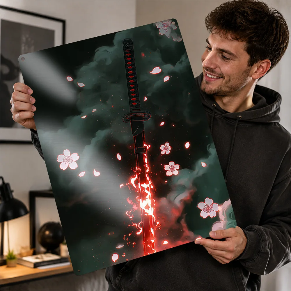 Fiery Katana With Cherry Blossoms Textured Poster Personalized Metal Tin Sign Vivid Dark Folklore Wall Art Belongs In Bedrooms