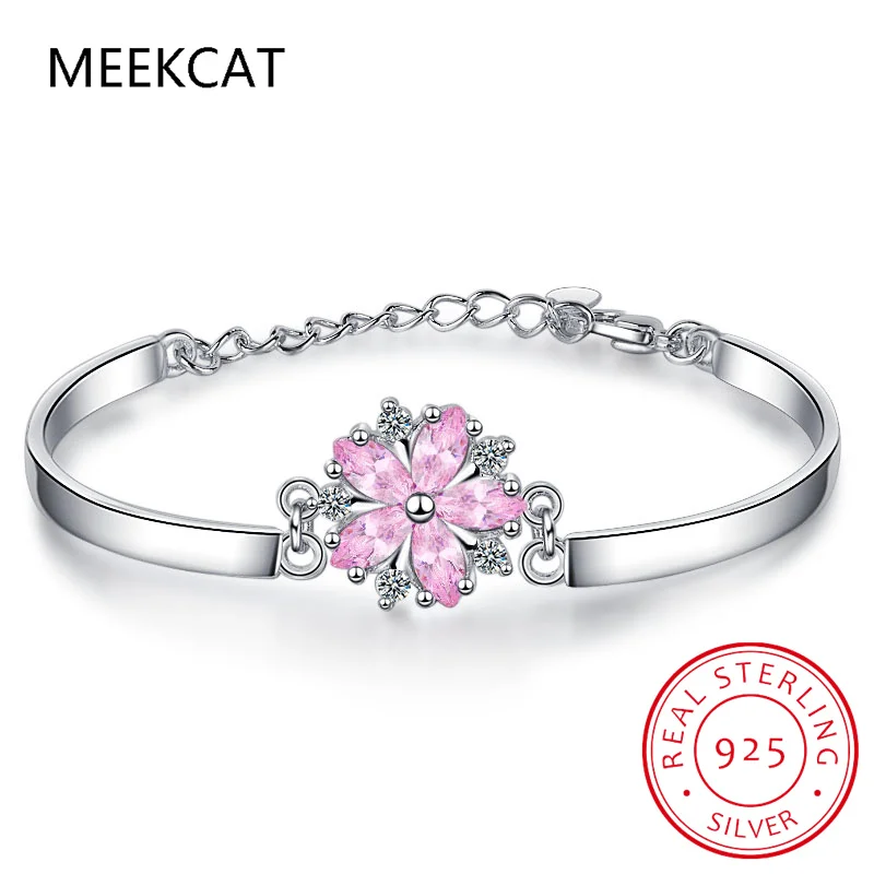 Girls 925 Sterling Silver Sweet Pink Zircon Flower Bracelet for Women Wedding Birthday Fine S925 Jewelry Pulseiras De Prata