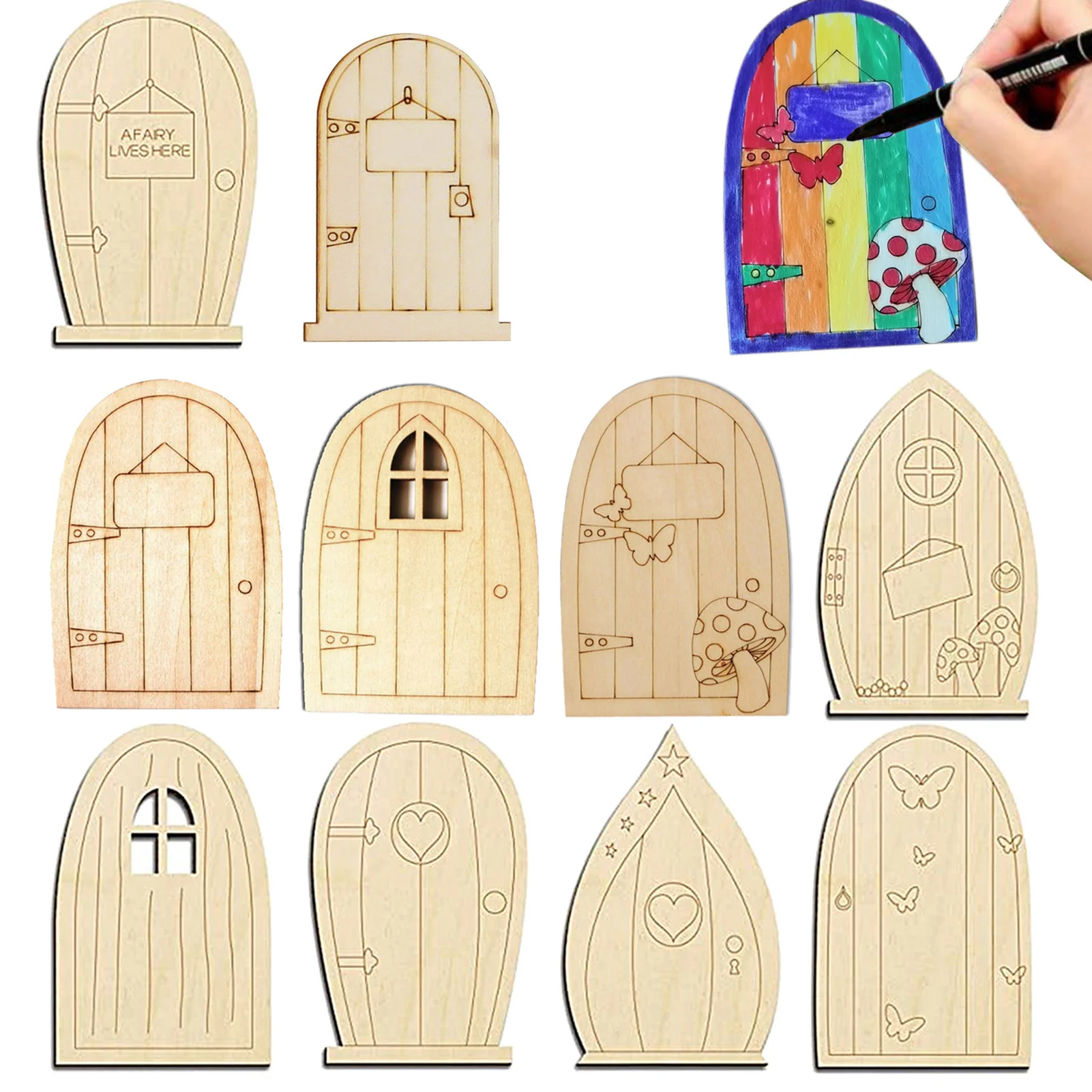 10PCS DIY Painting Wooden Miniature Fairy Doors Craft Kit Fairy Garden Doors and Dollhouse Windows, Unpainted Wooden Fairy Doors