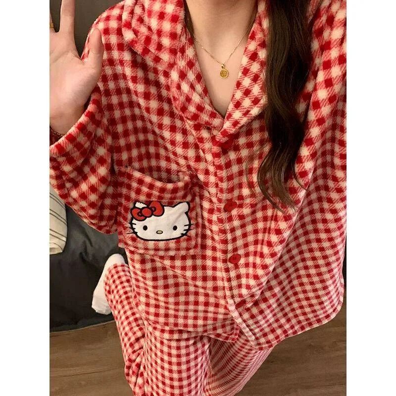 

Kawaii Hello Kitty пижамы для девочек коралловый бархат милый повседневный комплект домашней одежды фланелевая клетчатая аниме топы с длинными рукавами брюки