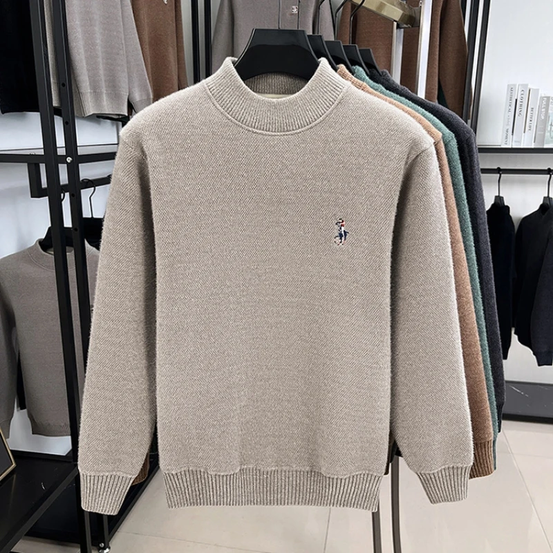 High end brand men's round neck knitted sweater autumn and winter new item exquisite pony embroidery thick top casual pullover
