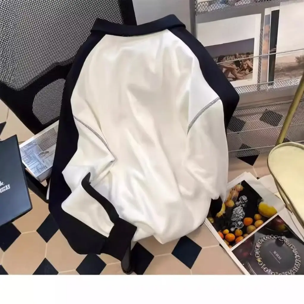 

Ретро Harajuku свитер с воротником-поло на молнии для пар, элитный черный, белый цвет контрастного цвета, модный брендовый женский топ в стиле хип-хоп