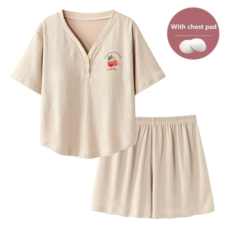 Pajamas Sets Women With Chest Pads Cotton Fashion Short Sleeve Sleepwear Suit 2 pieces/set V-Neck Summer Home Female Lounge Gift image 3