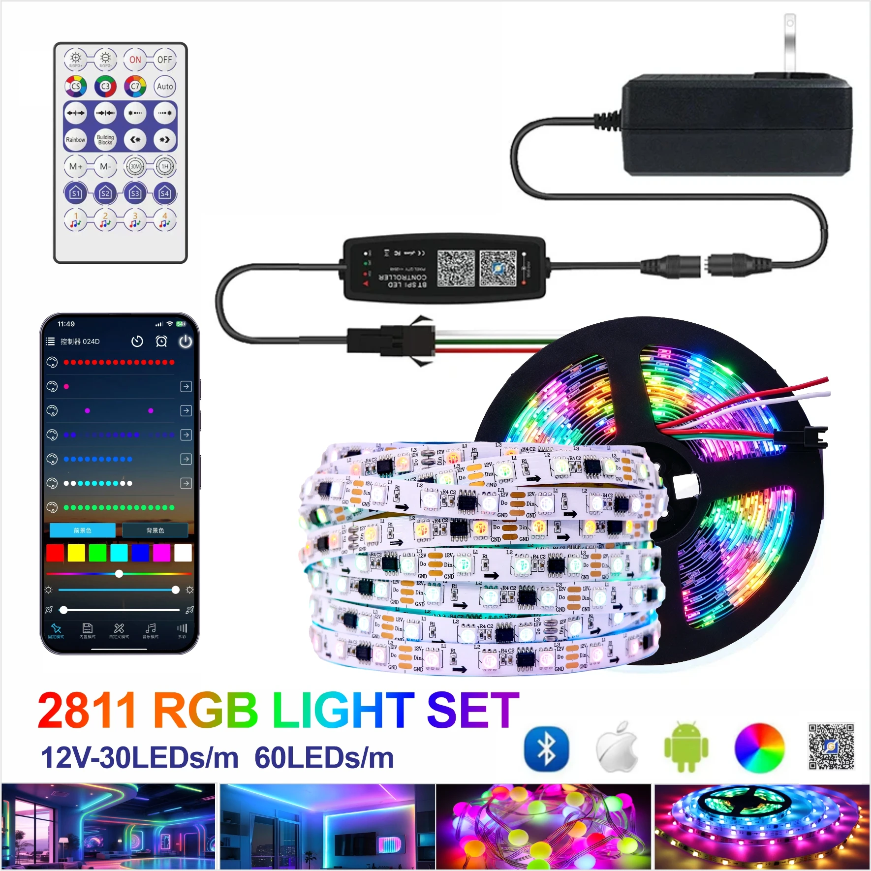 WS2811 12V LED Strip Kit 2.4G RF Remote Bluetooth APP Control Music Dream Color Individually Addressable 30/60/74/96/144LEDs/m H