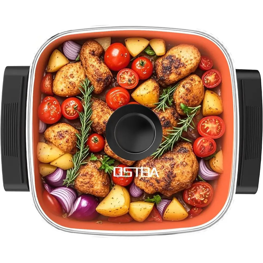 

12x12 Copper Nonstick Electric Skillet with Glass Lid, 1500W, Adjustable Temperature, Cool Touch Handles