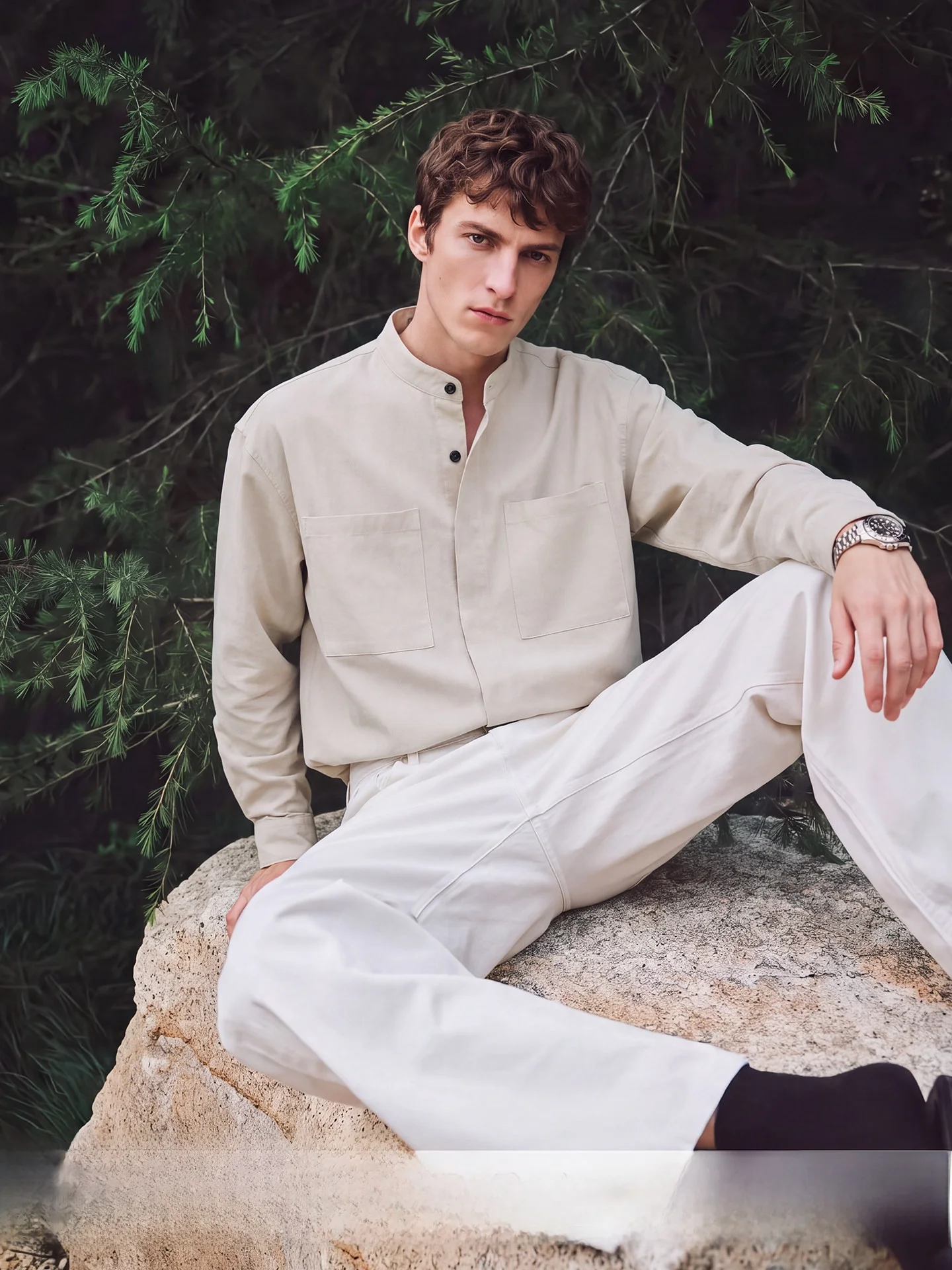 New Chinese Style Long Sleeve Stand Collar Men's Shirt Casual Anti-Wrinkle Easy Care Commute Jacket Standard Fit Fashion Urban