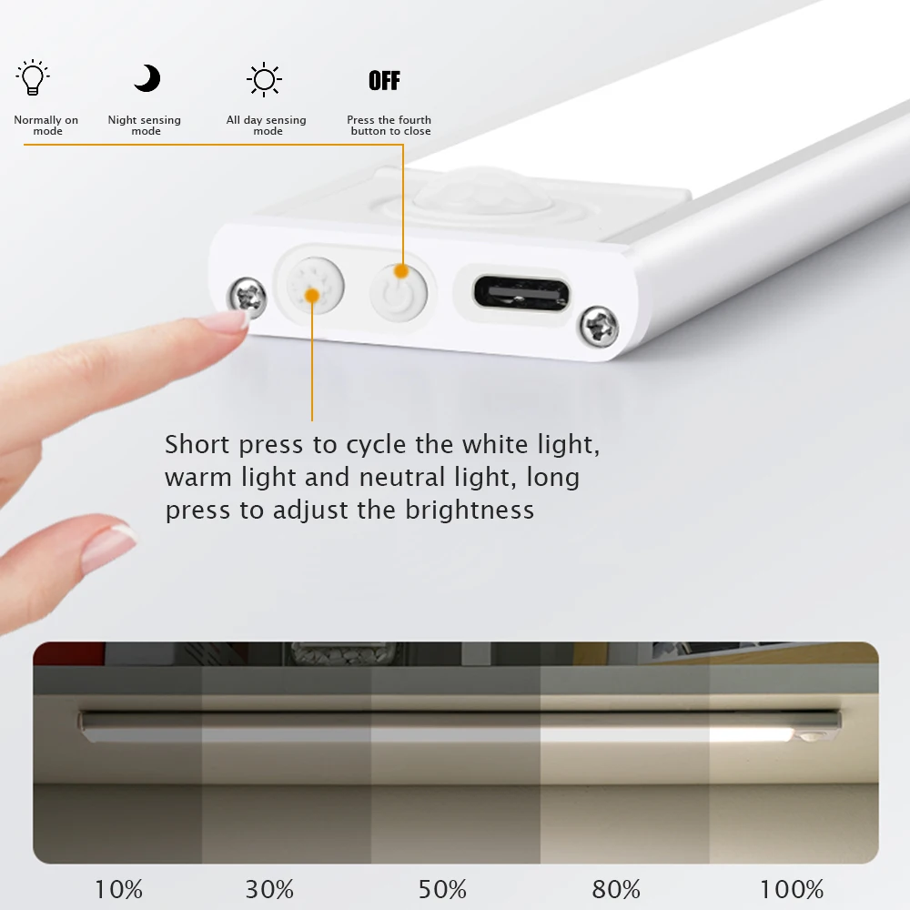 PIR Motion Sensor USB Rechargeable Magnetic Night Lamp Dimmable 20 30 40 60 80CM 3 Colours Kitchen LED Under Cabinet Lighting