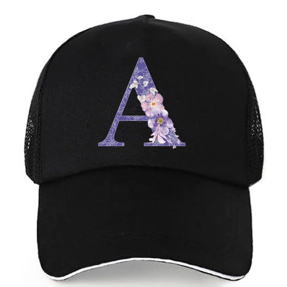 Women Ponytail Baseball Cap Purple flower letter Snapback Summer Mesh Hat men Fashion HIp Hop Hat Casual Adjustable Outdoor Bone