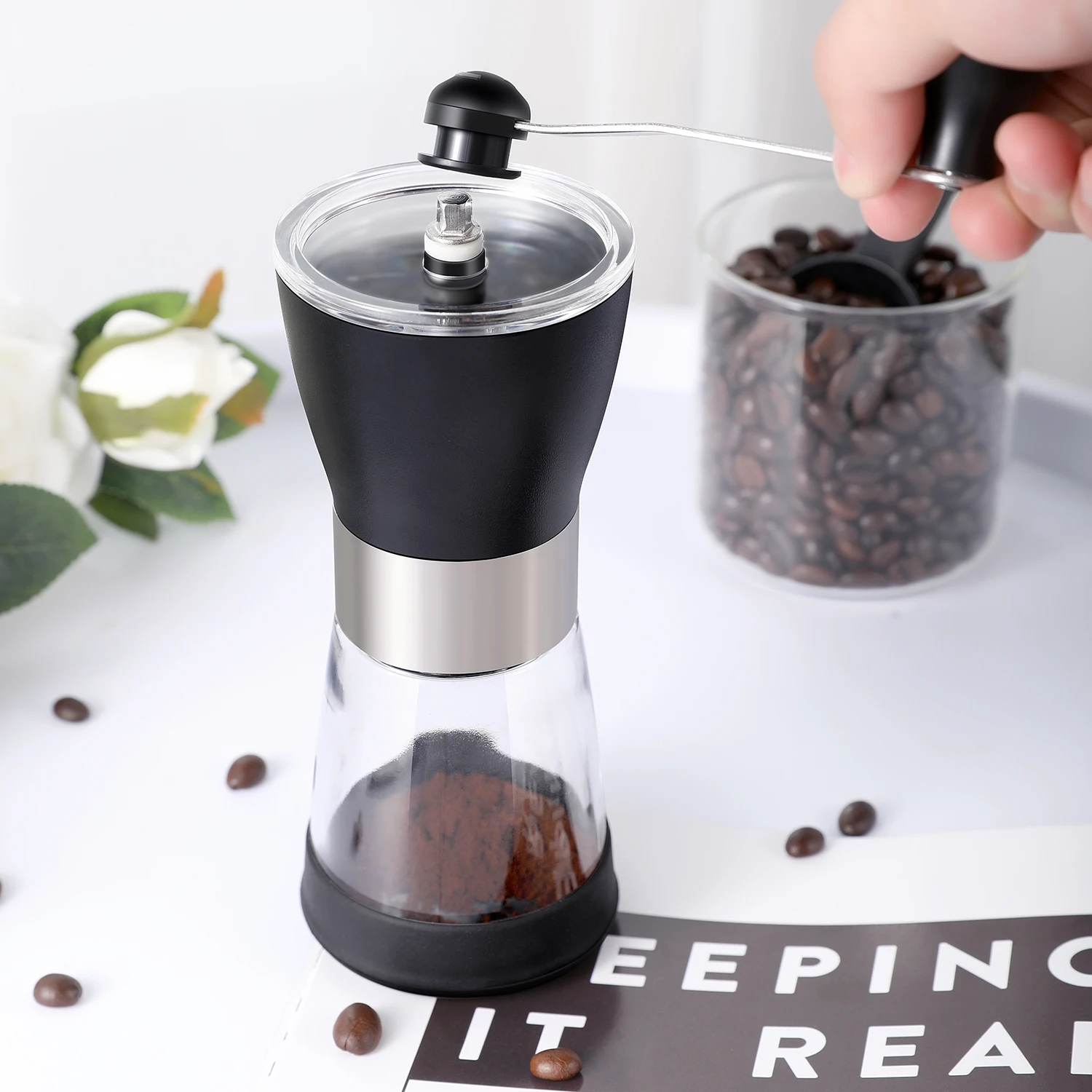 Portable Manual Coffee Bean Grinder Crank Hand Coffee Burr Mill Glass Bean Tank Kitchen Tool Burr Grinders For Legume pellets